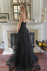 Black Prom Dress Corset A-Line Tulle Long Evening Dress with Lace